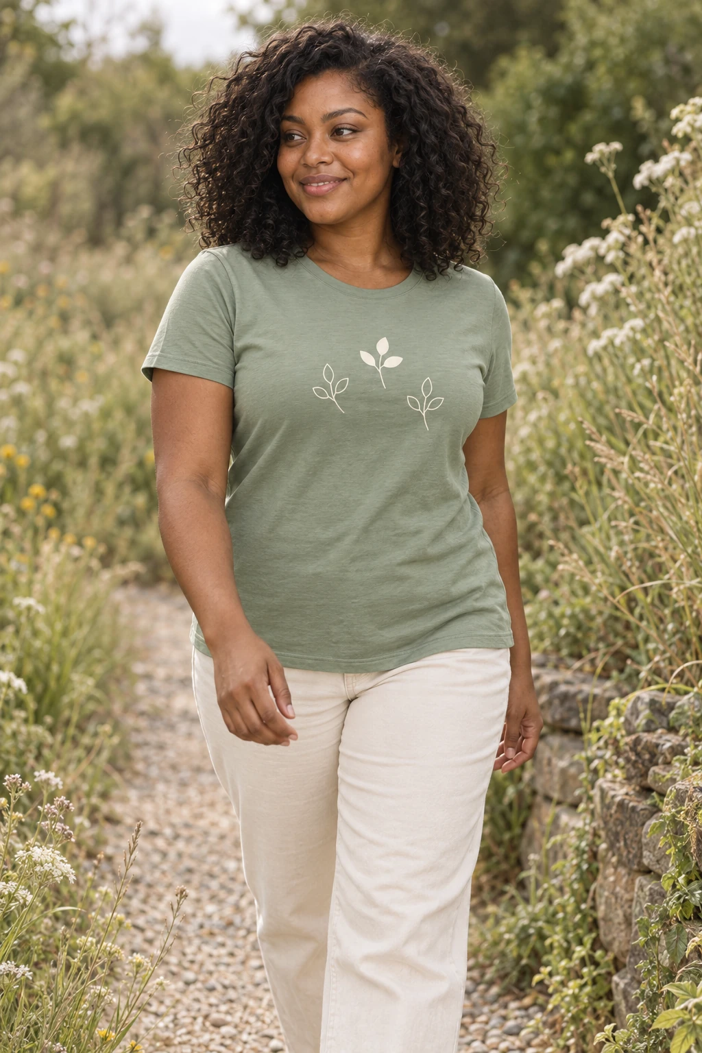 Branch Study in Sage, worn by a woman with three cream sprigs across the front.