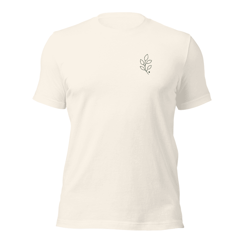 First Stem — Vintage White tee with an olive stem on the wearer’s left chest. front view.