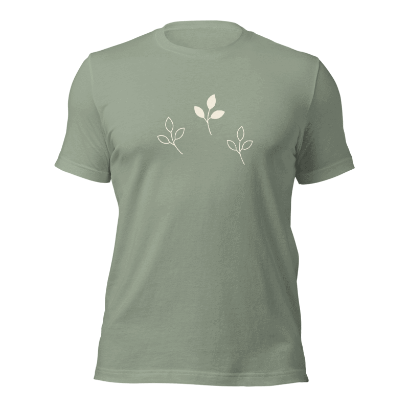 Branch Study — Sage tee with three cream sprigs across the front. front view.