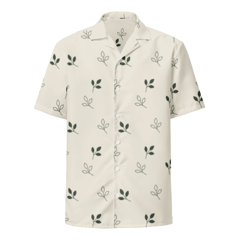 Open Grove — oat button shirt with olive sprigs and white buttons. front view.